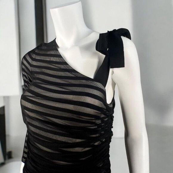 BCBGMaxAzria One Shoulder Striped Mesh Overlay Pencil Dress Black, size Medium - Picture 6 of 16